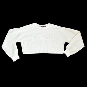 White cropped hoodie with woman graphic